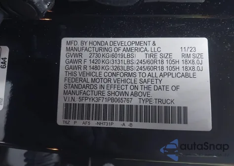 2023 Honda Ridgeline Rtl-E из США, поврежденный, VIN 5FPYK3F71PB065767